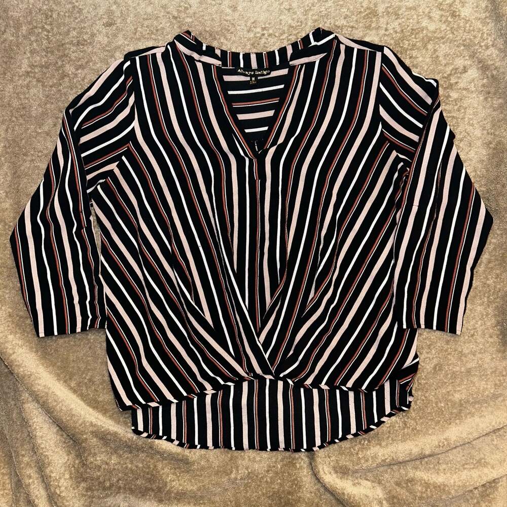 Always Indigo Women's Striped V-Neck Wrap Front Blouse Size 1X